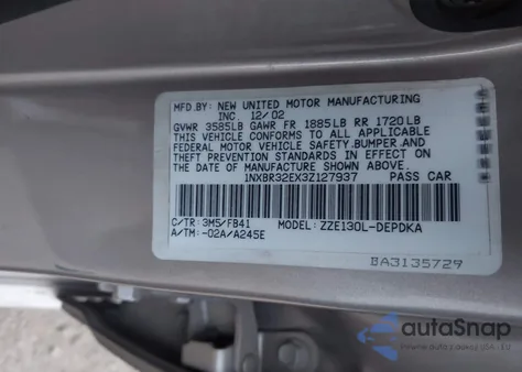 2003 Toyota Corolla Ce z USA, uszkodzony, nr VIN 1NXBR32EX3Z127937